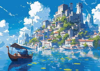 Illustration of a coastal city with boats and a blue sky