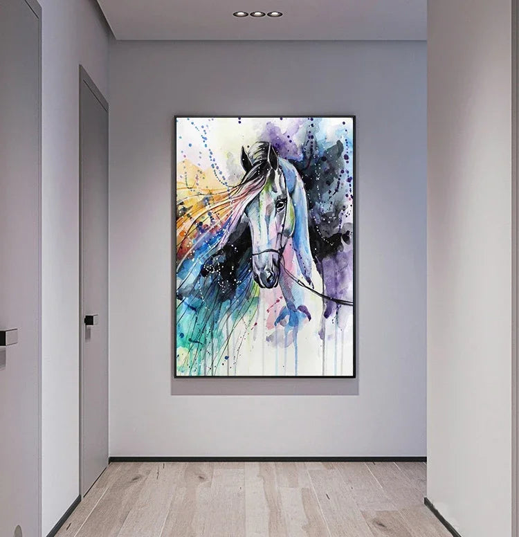 Colorful abstract horse painting on a wall in a modern interior setting.