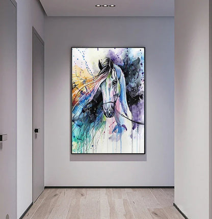 Colorful abstract horse painting on a wall in a modern interior setting.