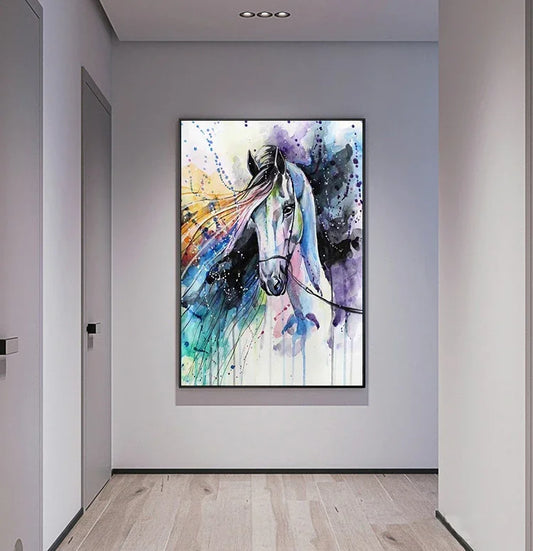 Colorful abstract horse painting on a wall in a modern interior setting. Canvas & Curio
