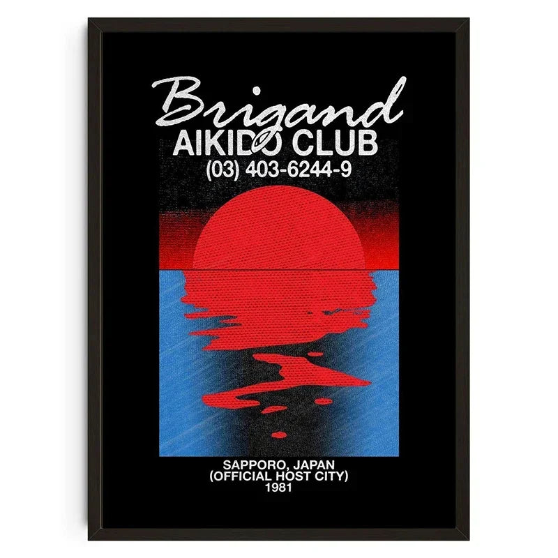 Poster for Brigand Aikido Club with a red sun design on a black background