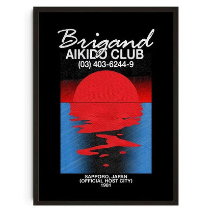 Poster for Brigand Aikido Club with a red sun design on a black background