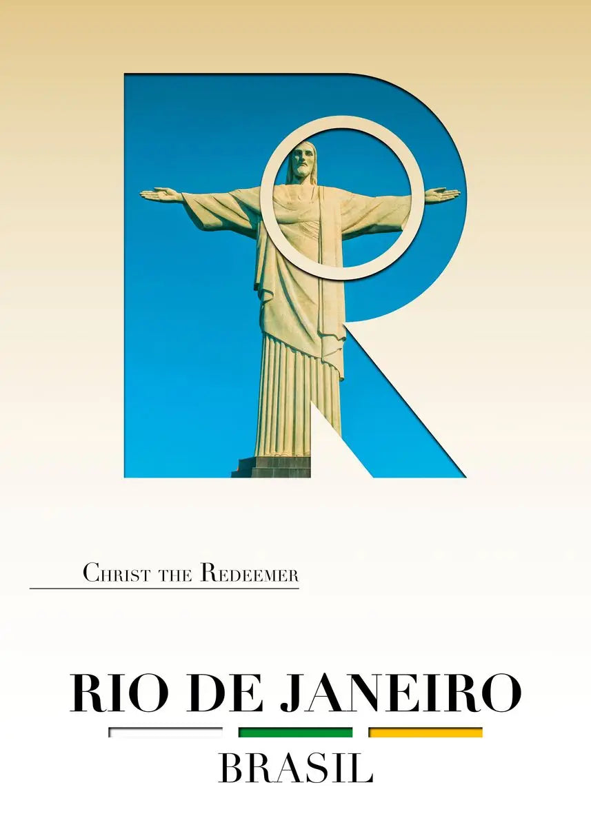 Poster of Christ the Redeemer with 'R' design and text 'Rio de Janeiro, Brasil'.