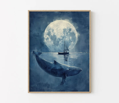 Framed artwork of a whale and a sailboat under a full moon on water.