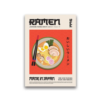 Poster of Japanese ramen with noodles, eggs, and chopsticks on a red background.