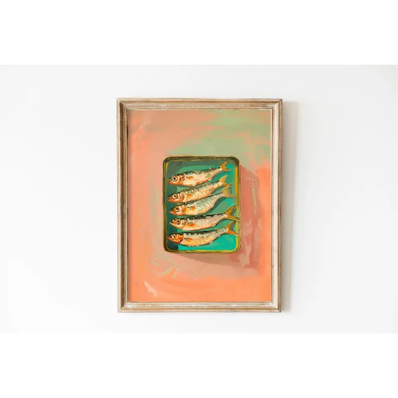 Framed artwork of fish on a white background