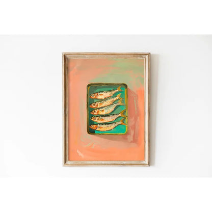 Framed artwork of fish on a white background