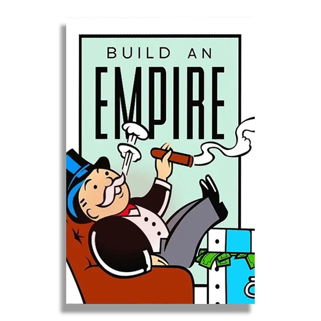 Cartoon character from a board game with text 'Build an Empire' on a light blue background