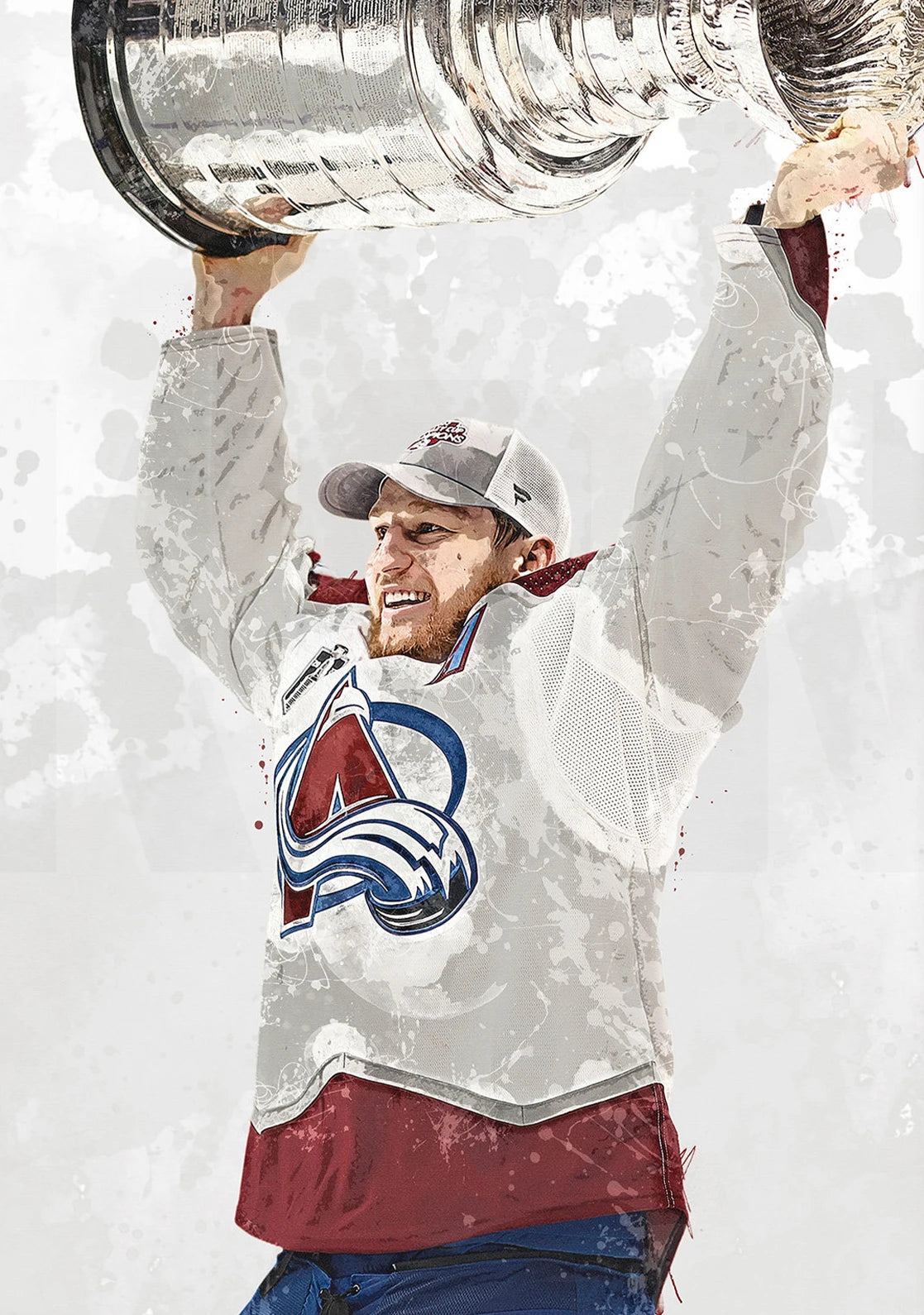 Person wearing a Colorado Avalanche jersey holding a championship trophy against a snowy background