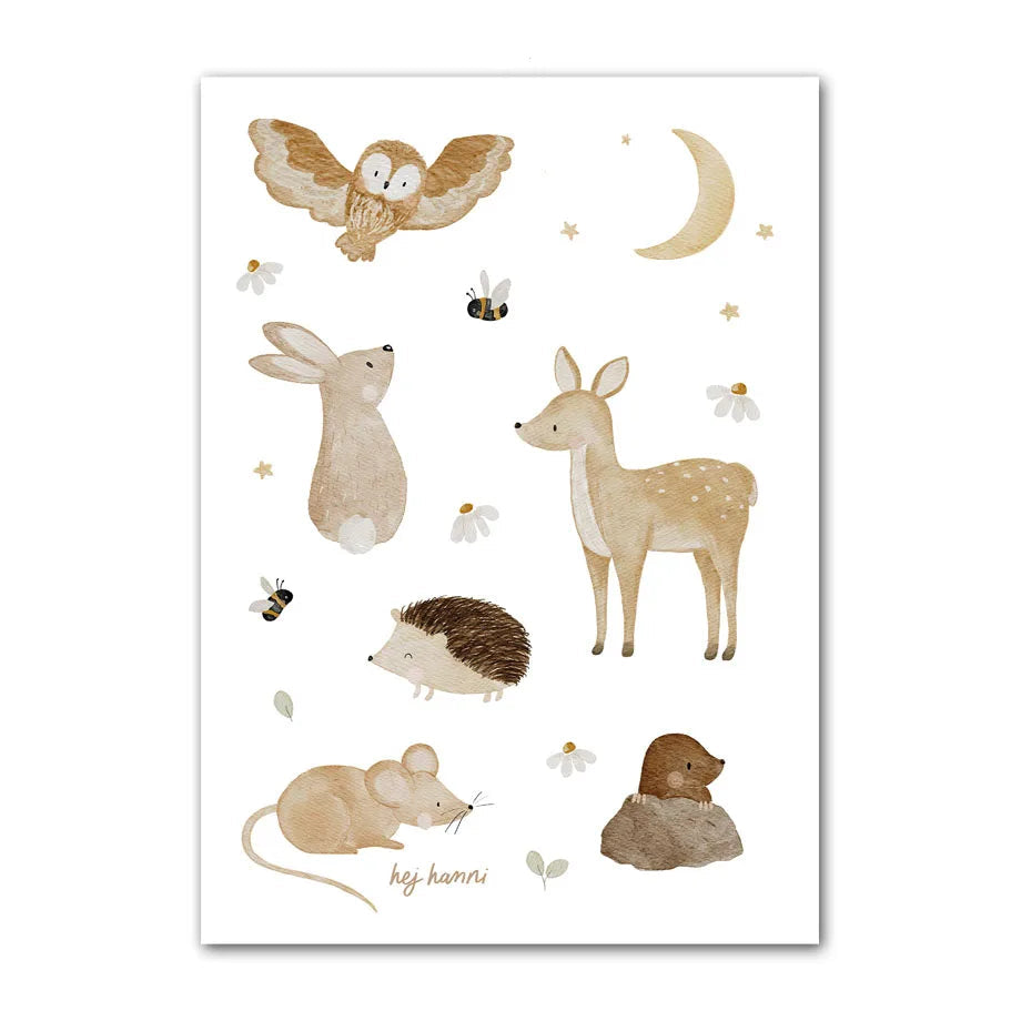 Illustrations of various forest animals on a white background with 'hey hannah' branding.