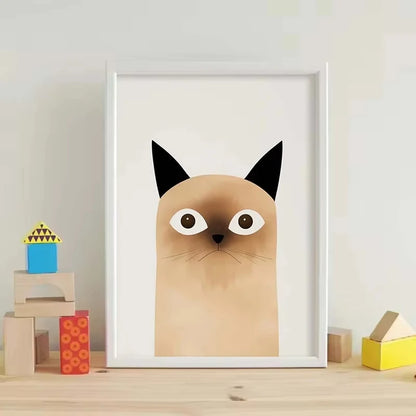 Framed artwork of a cat's face on a wall with children's toys below.