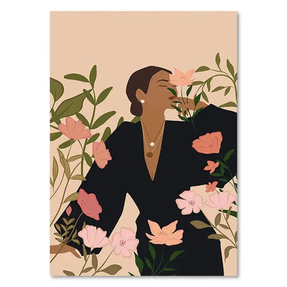 Illustration of a woman surrounded by flowers and plants on a beige background