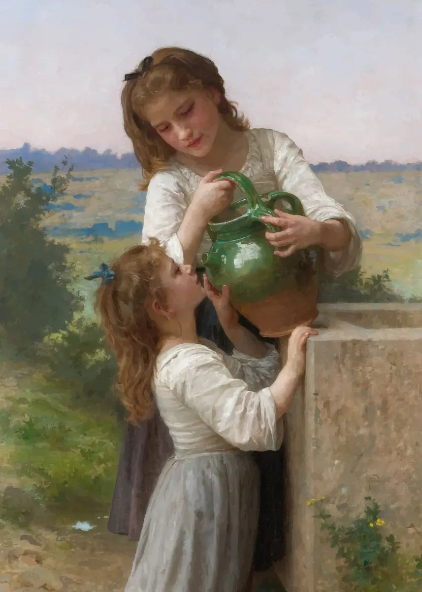 Two young girls interacting with a green pitcher in an outdoor setting