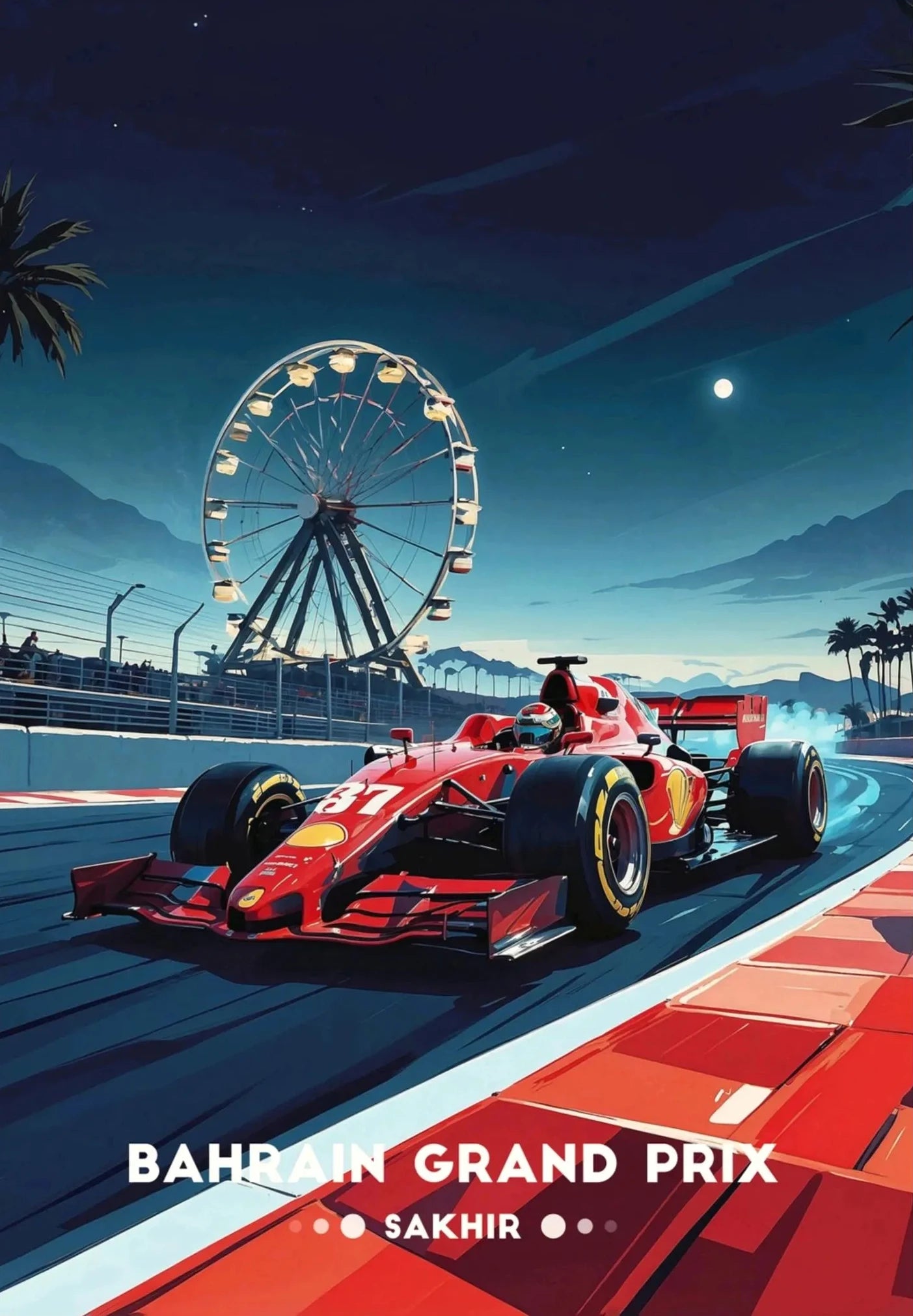 Red Formula 1 car on a race track with a Ferris wheel and mountains in the background, featuring 'Bahrain Grand Prix' text.
