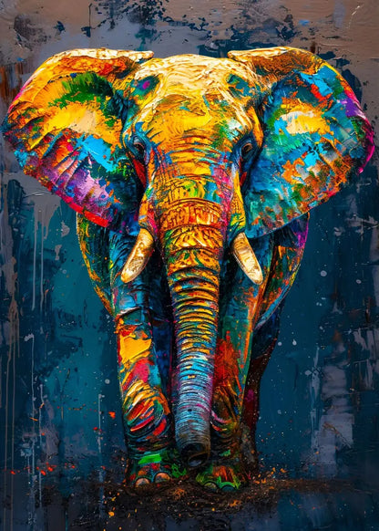 Colorful elephant painting on a dark background