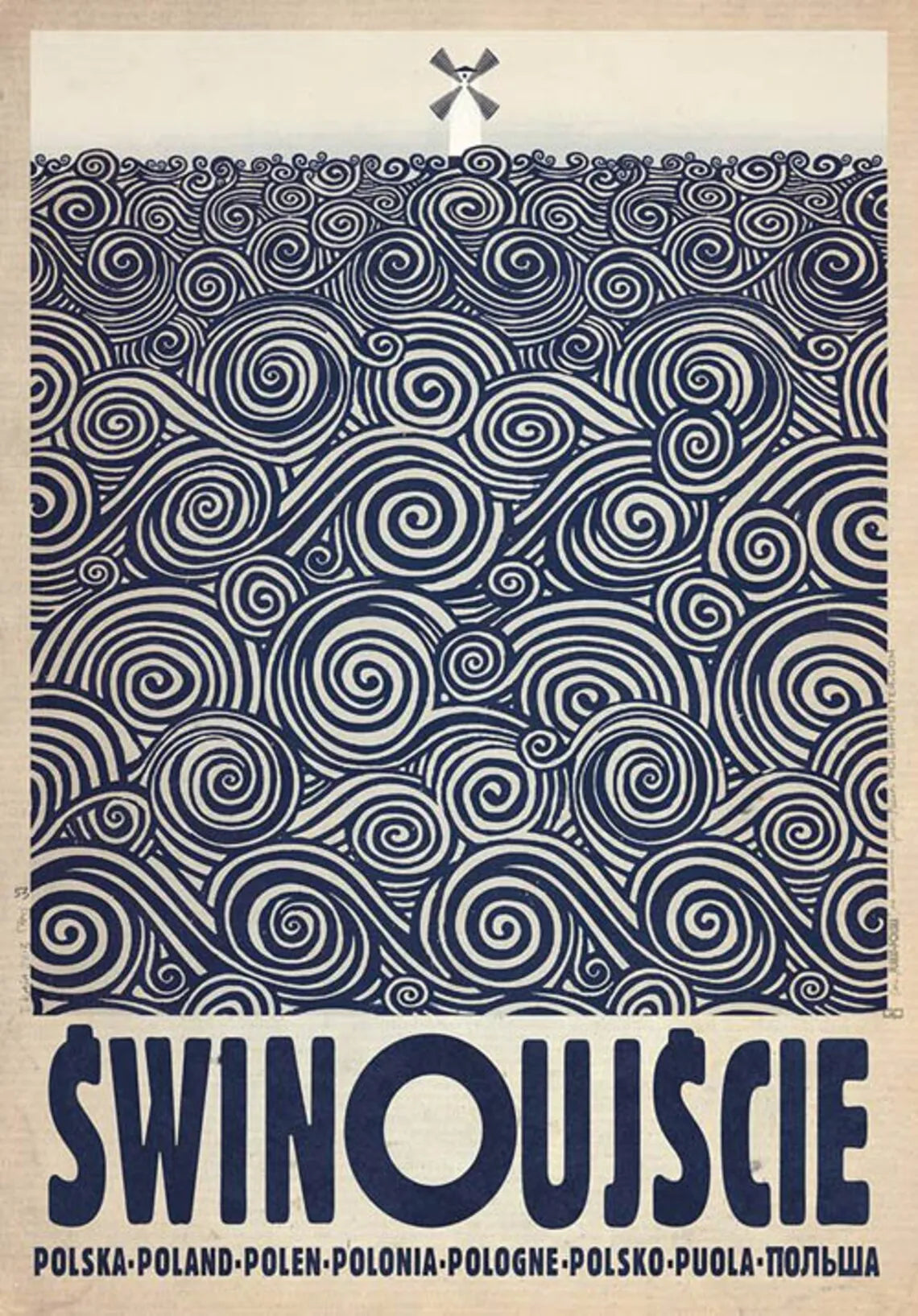 Poster with wavy pattern and text 'Swinoujscie' on a beige background