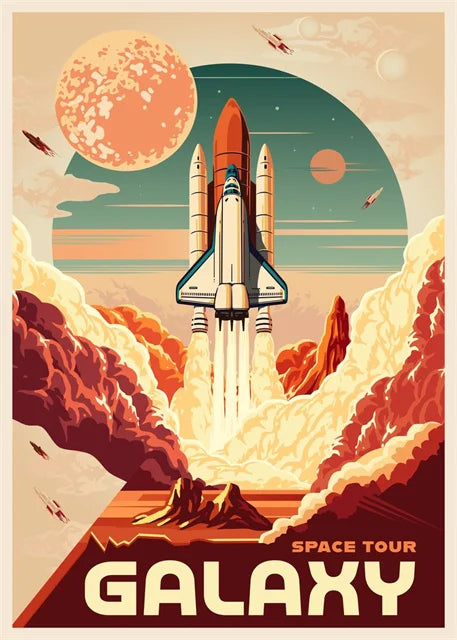 Vintage-style space travel poster with a spacecraft and planets.