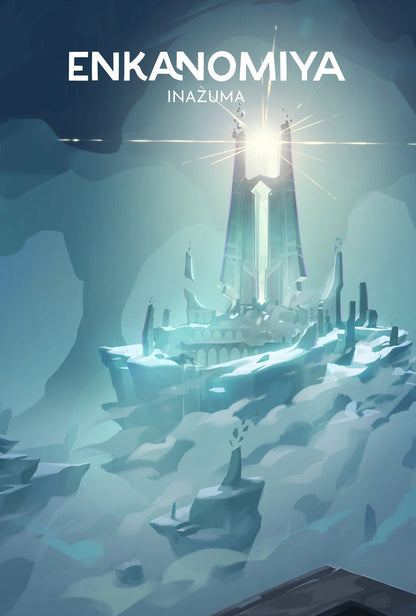 Fantasy castle in a snowy landscape with 'Enkanomiya Inazuma' text.