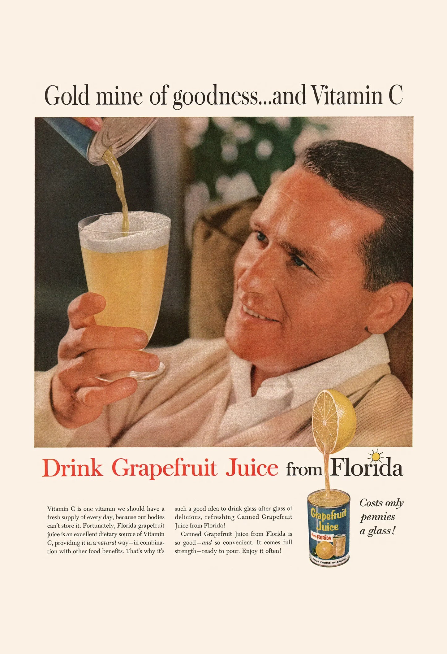 Vintage advertisement for Grapefruit Juice from Florida featuring a man holding a glass of juice.