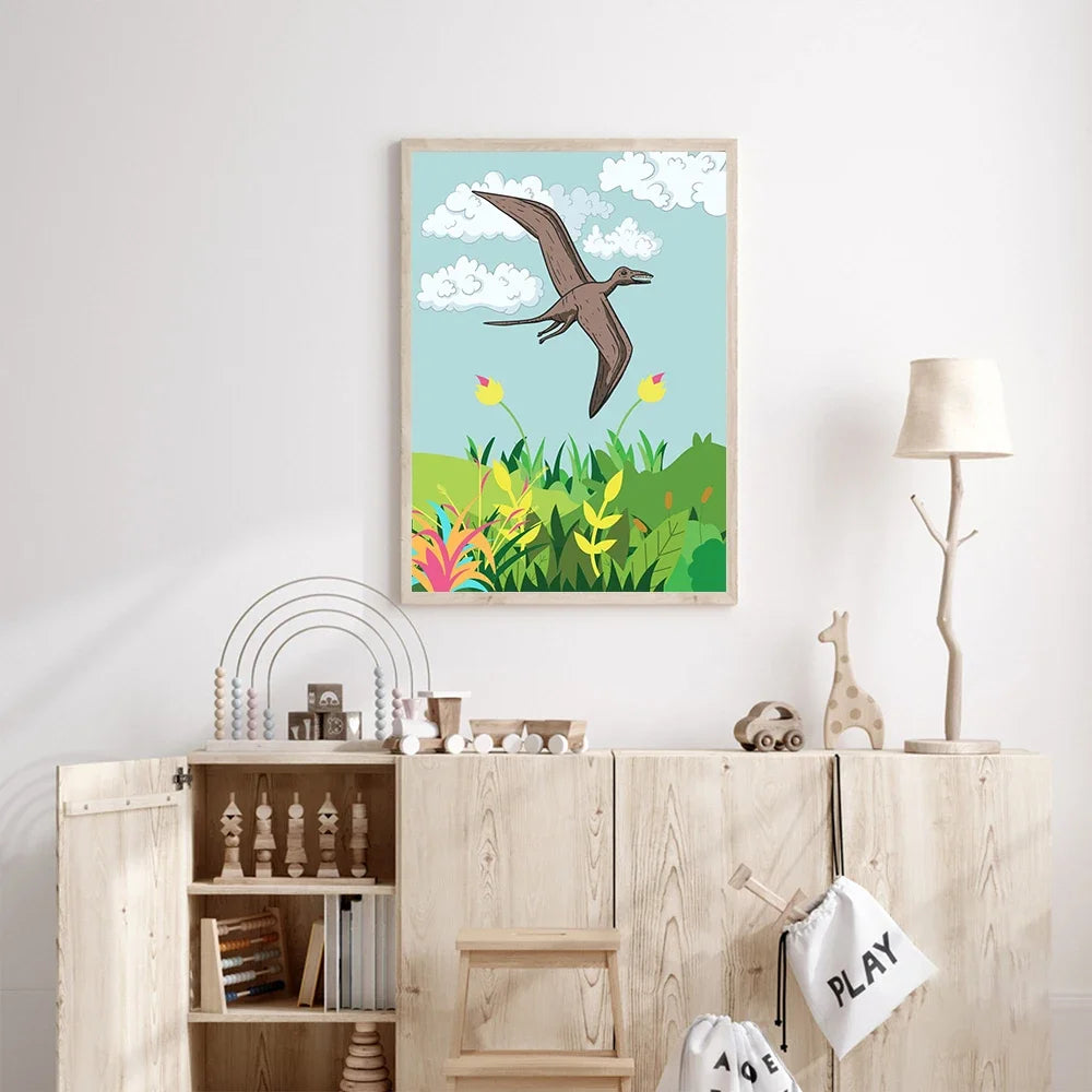 Framed children's illustration of a pterodactyl flying over a grassy field with flowers on a wall above a wooden cabinet.