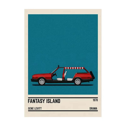 Illustration of a red car with a striped roof on a blue background, featuring text about 'Fantasy Island' by Gene Levitt.