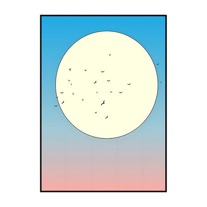 Gradient blue to pink background with a large yellow circle and small black birds.