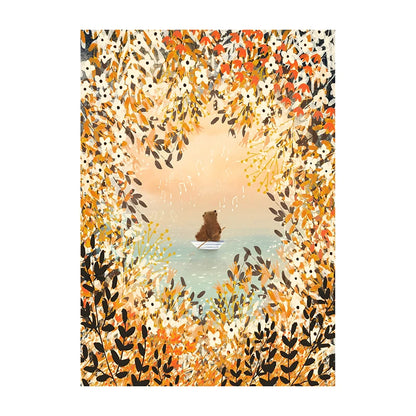 Illustration of a bear on a rock with a floral border