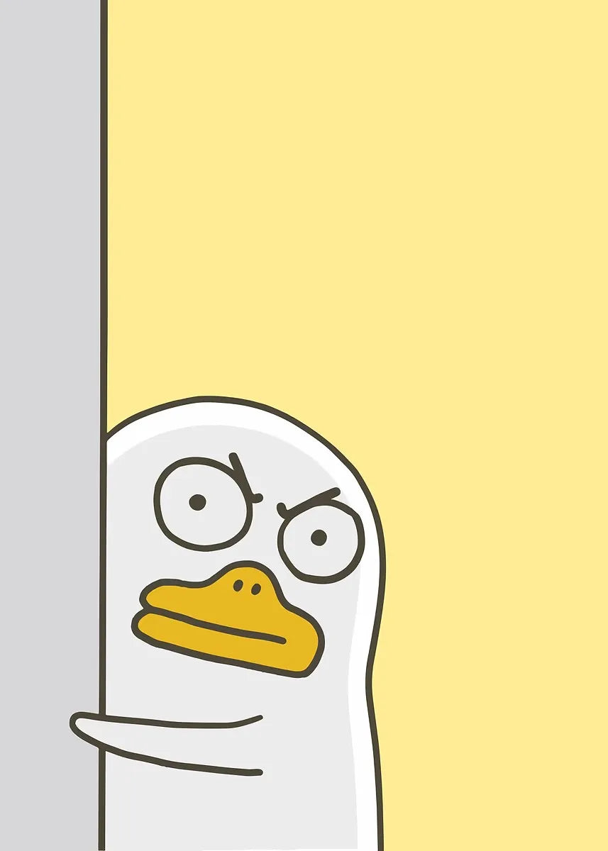 Cartoon duck character peeking from behind a vertical stripe on a yellow and gray background