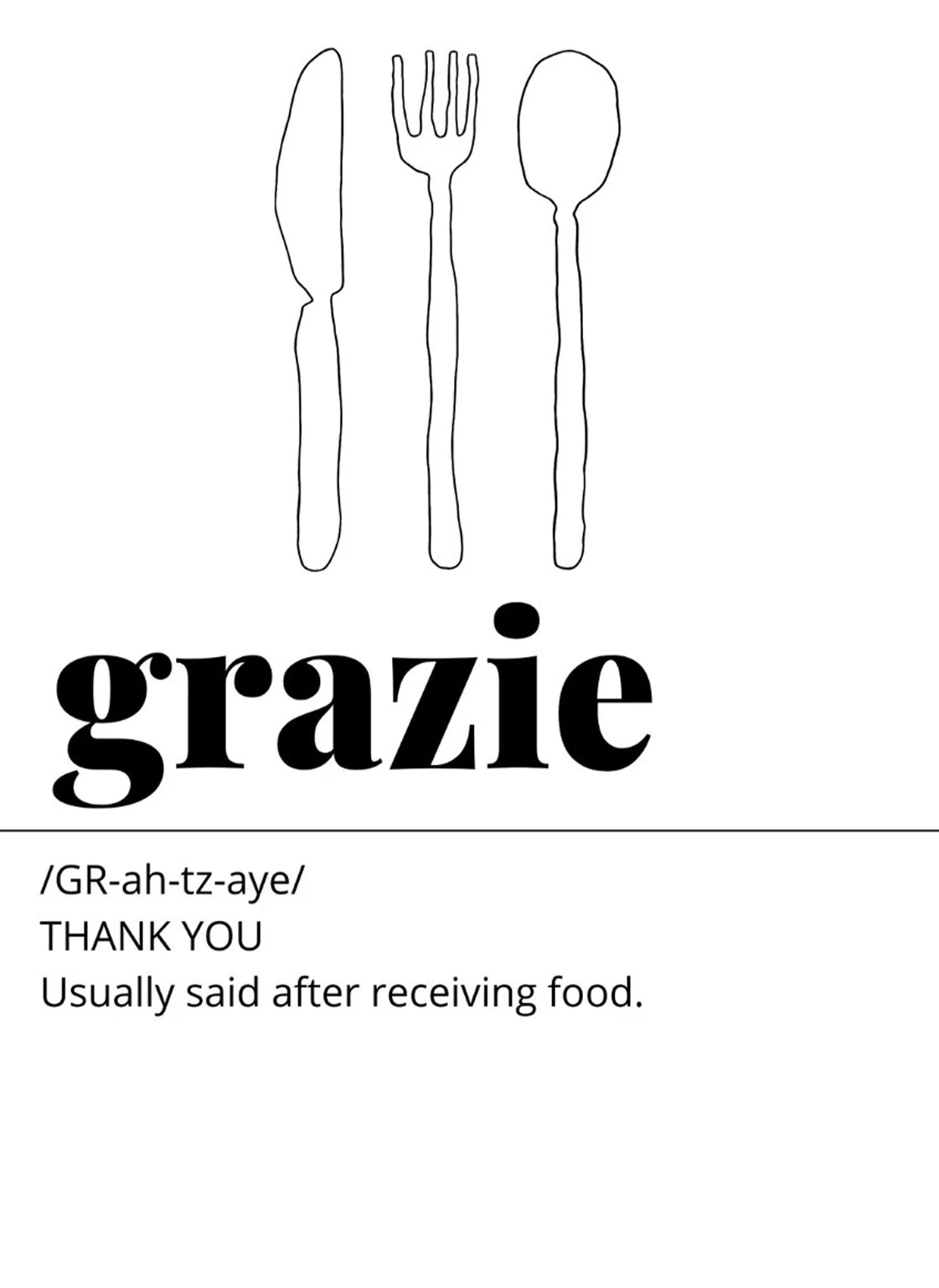 Illustration of a knife, fork, and spoon with the word 'grazie' and its pronunciation on a white background.