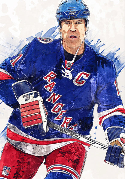 Hockey player in a blue and red uniform with 'Rangers' branding, holding a hockey stick.