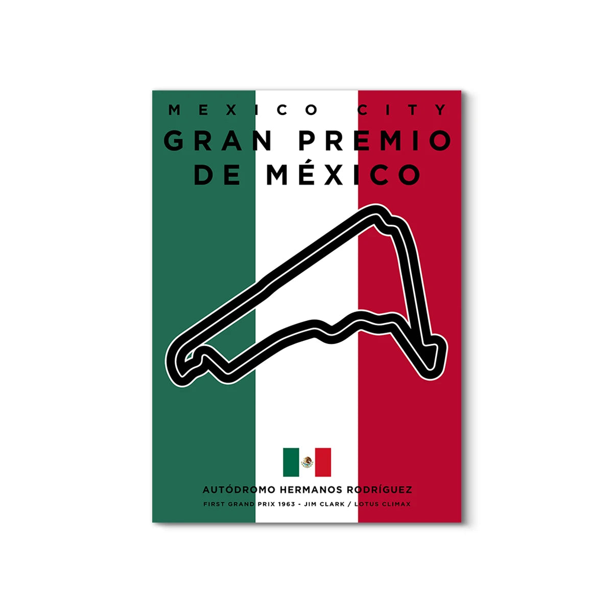 Poster of Mexico City Gran Premio de Mexico with track outline and Mexican flag colors.