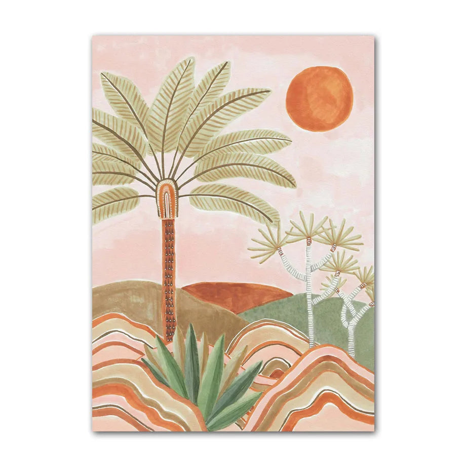Surreal landscape with palm trees and a sun on a pink background