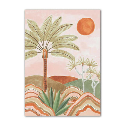 Surreal landscape with palm trees and a sun on a pink background