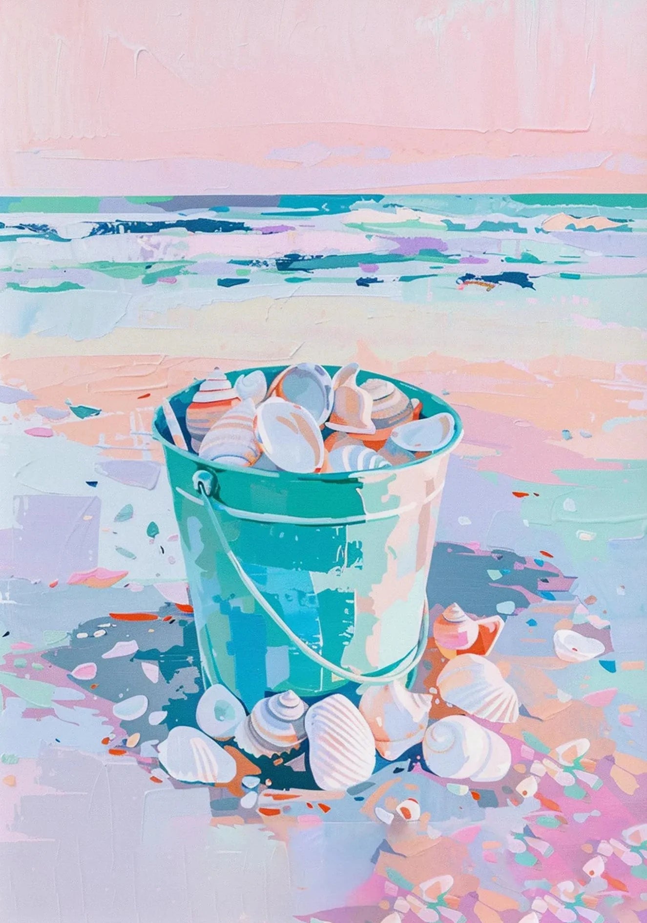 Bucket filled with seashells on a colorful beach scene