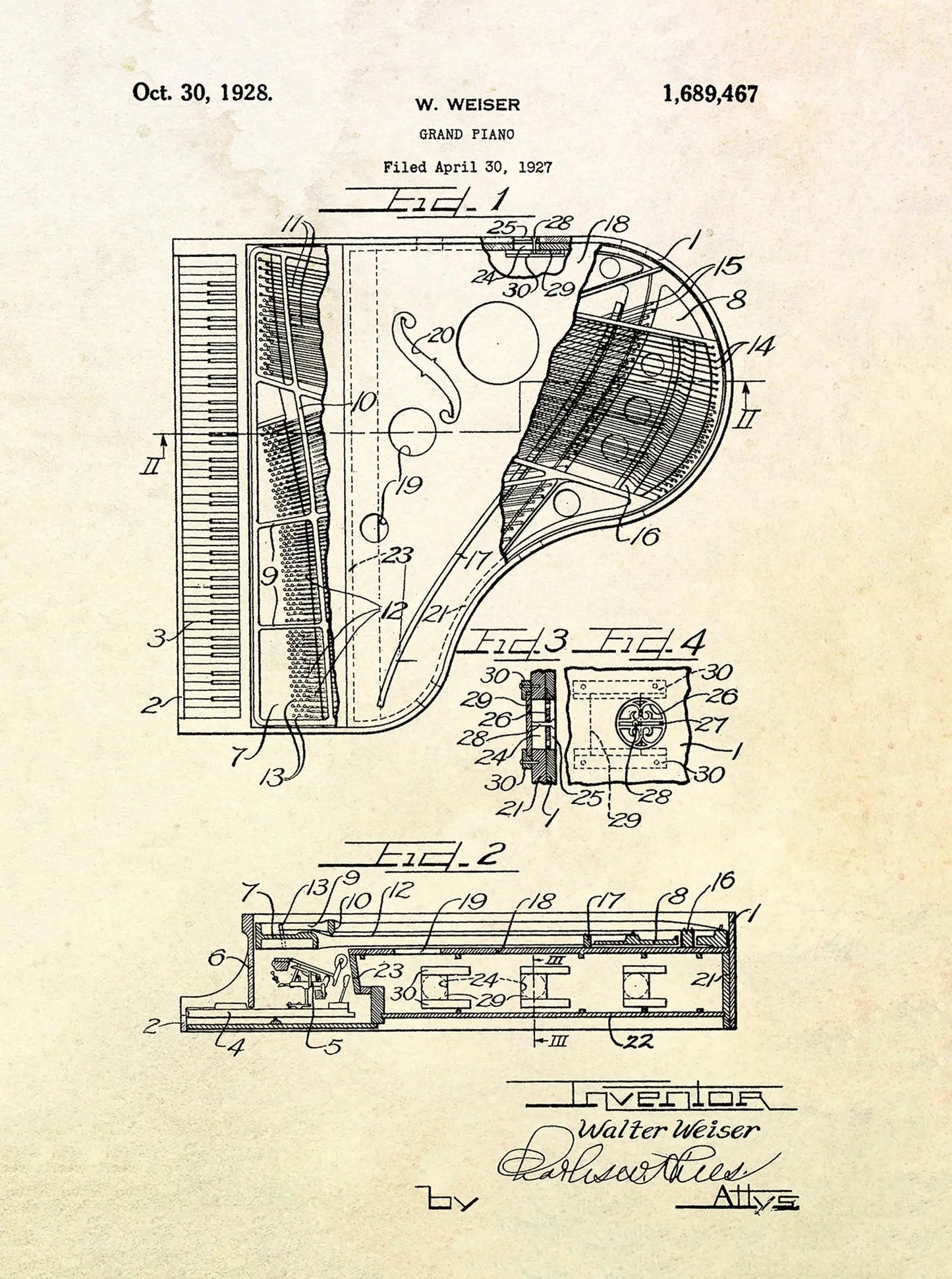 Vintage patent illustration of a Grand Piano design with detailed technical drawing on a beige background.