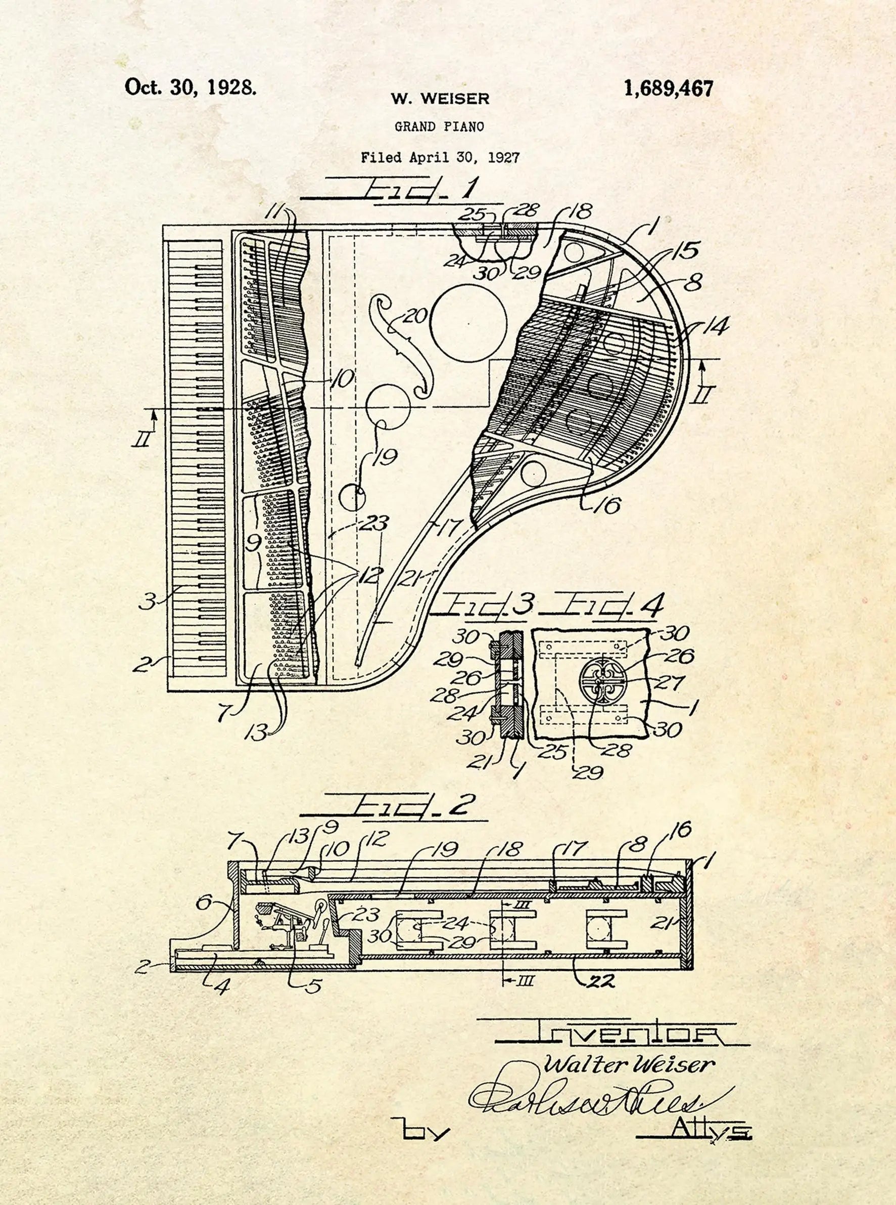 Vintage patent illustration of a Grand Piano design with detailed technical drawing on a beige background.