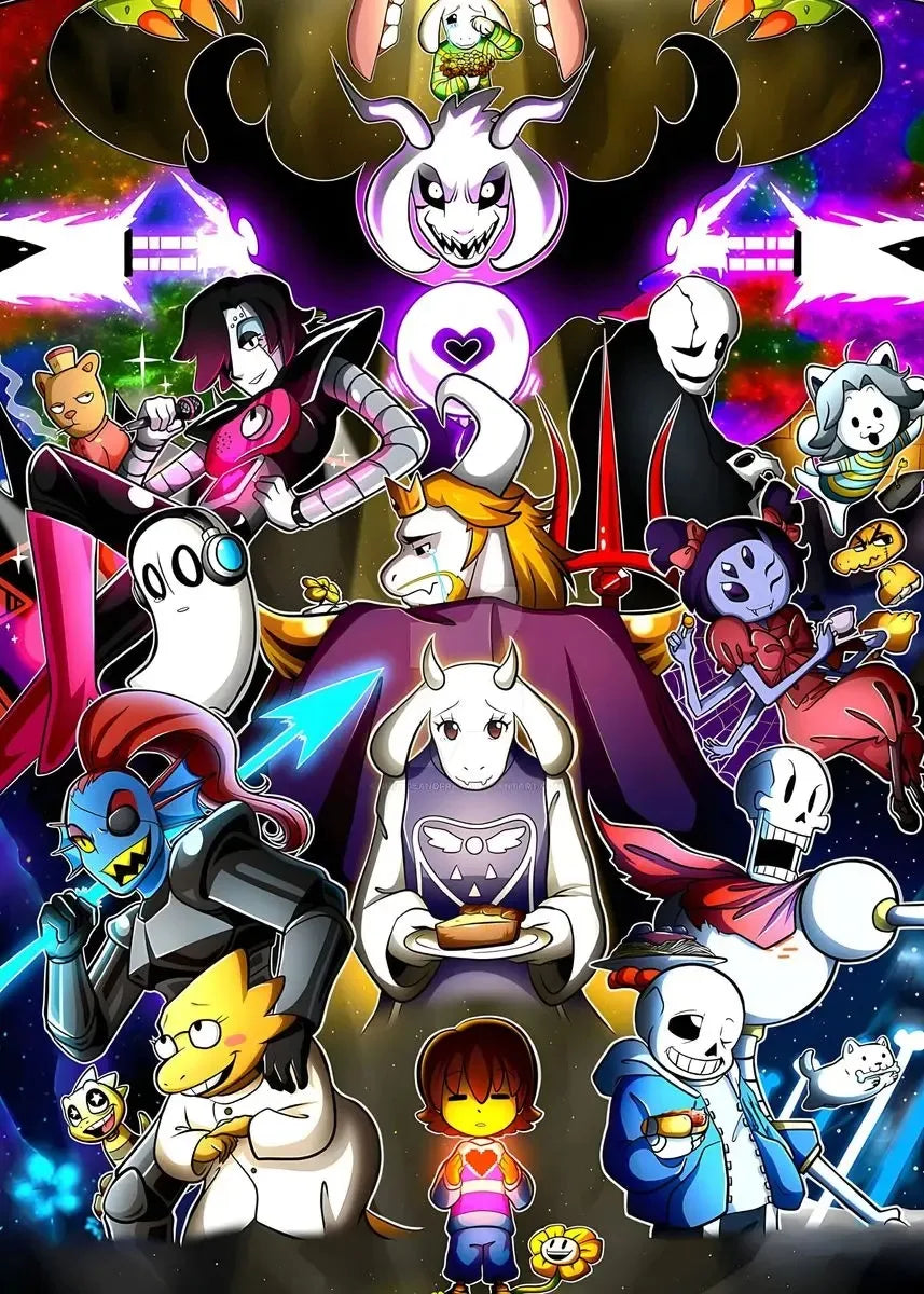 Collage of various animated characters with a colorful background