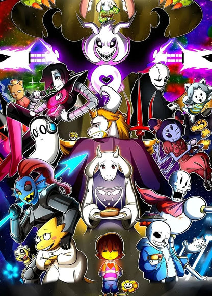 Collage of various animated characters with a colorful background