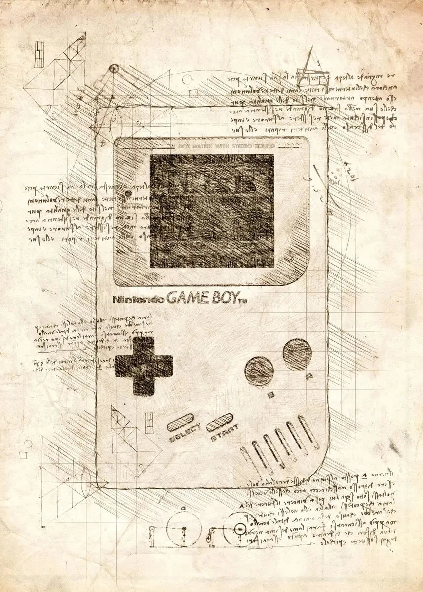 Technical drawing of a Game Boy with text on a vintage paper background