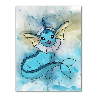 Cartoon character with a blue body and yellow wings on a watercolor background