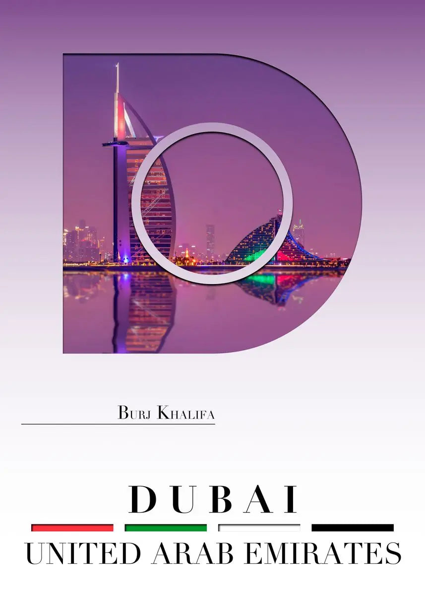 Promotional poster for Dubai, United Arab Emirates with a cityscape and colorful skyline.