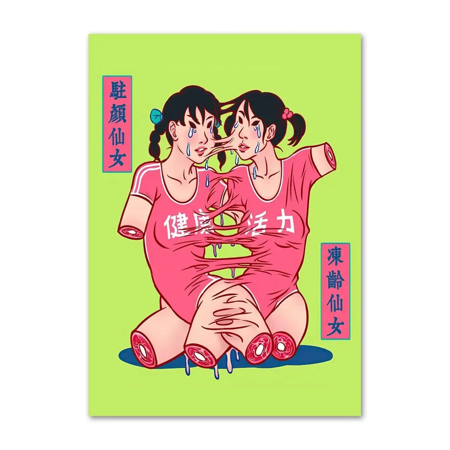 Cartoon illustration of two characters in pink outfits on a green background with text.