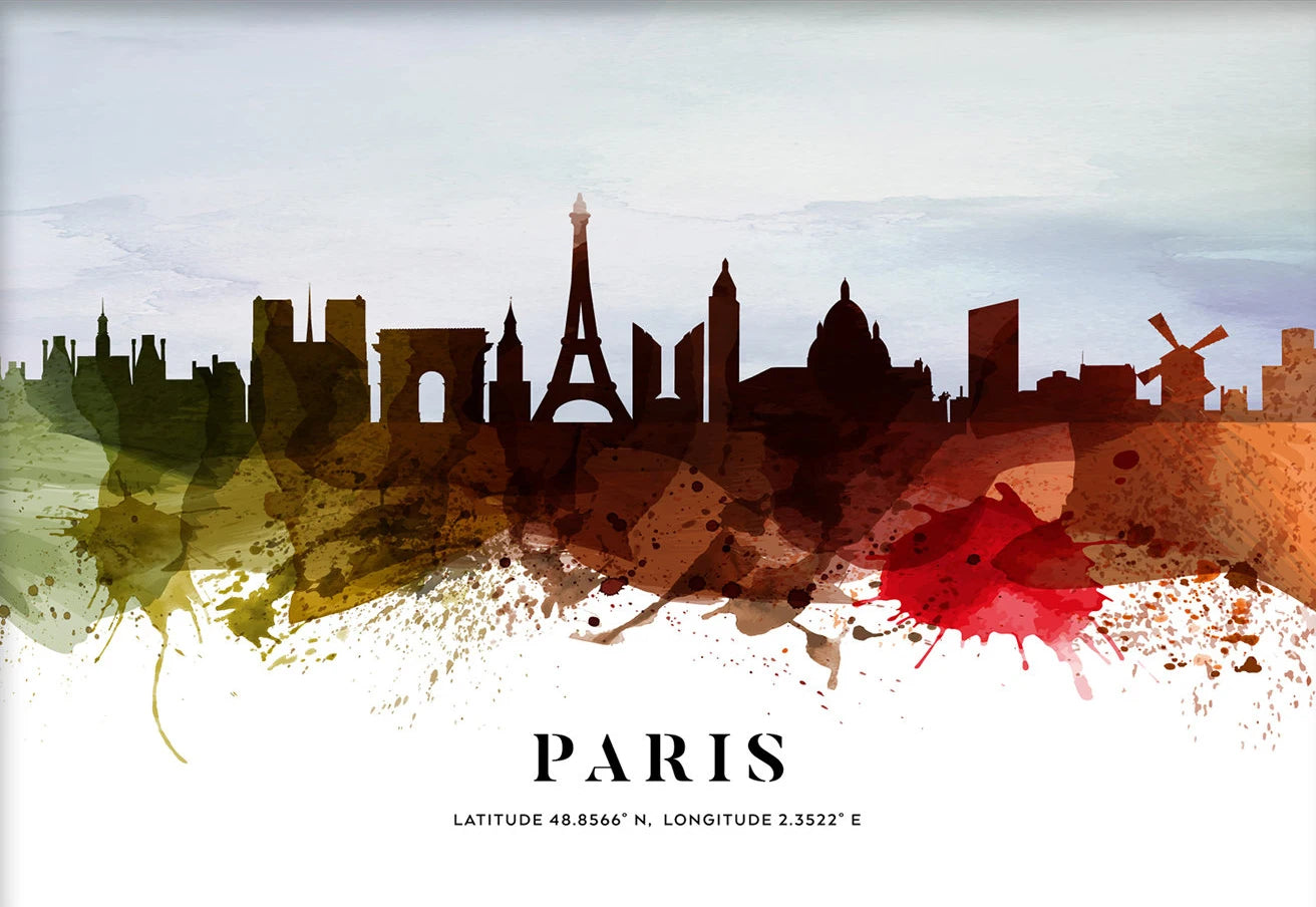 Colorful abstract skyline of Paris with the Eiffel Tower at the center.