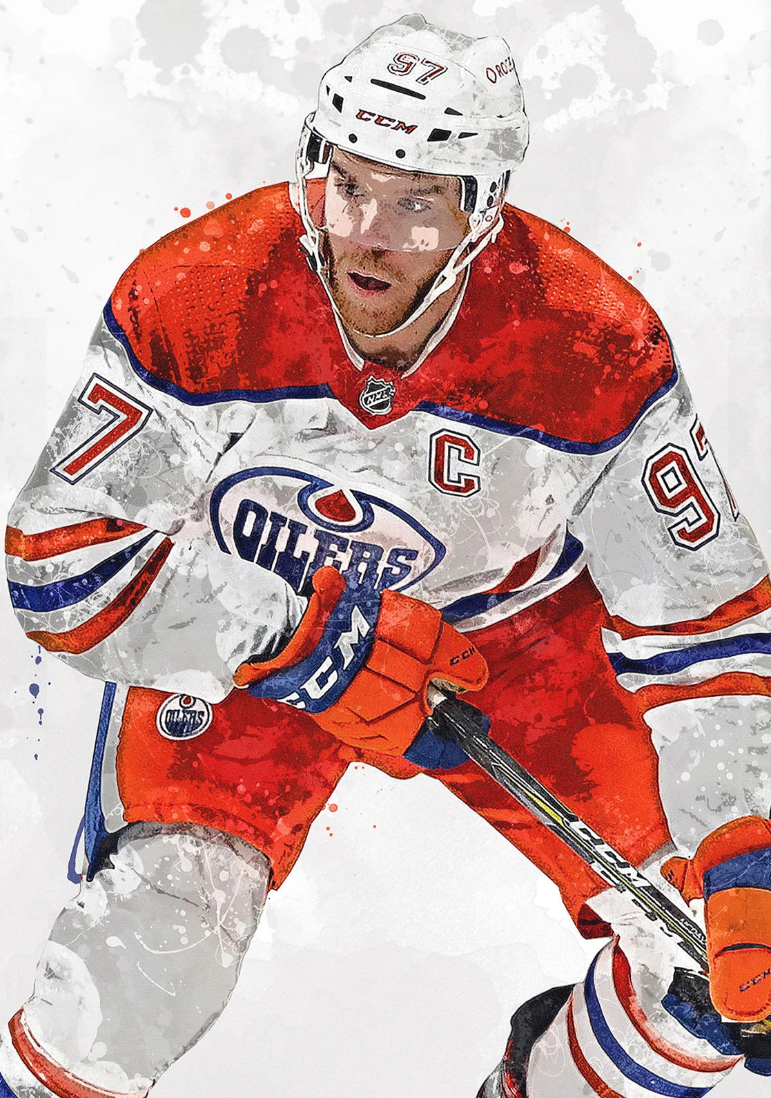 Hockey player in Edmonton Oilers uniform with a white background