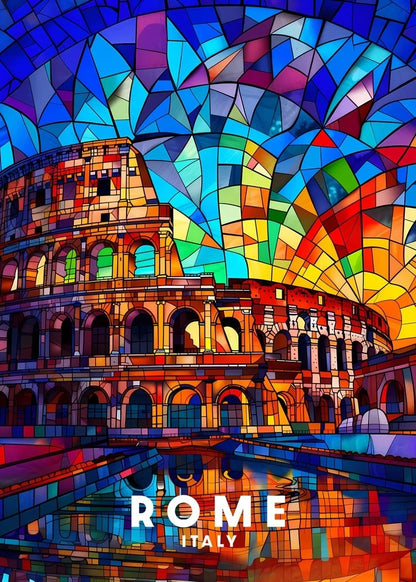 Colorful stained glass-style depiction of the Colosseum with 'ROME ITALY' text.