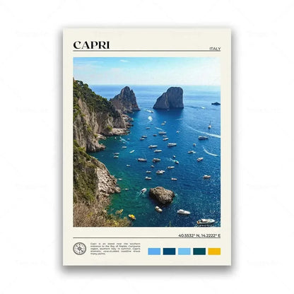 Poster of Capri with a scenic view of the island and blue sea.