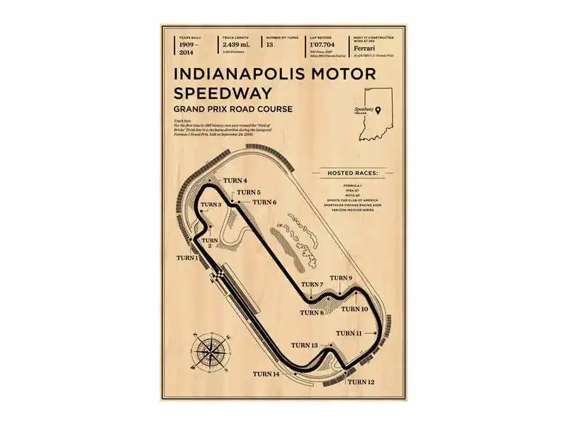 Map of Indianapolis Motor Speedway on a beige background