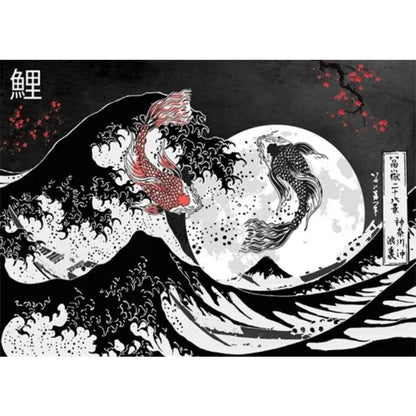Traditional Japanese artwork with koi fish and wave design on a black background
