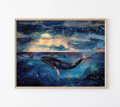 Framed artwork of a whale in water with a night sky and moon.