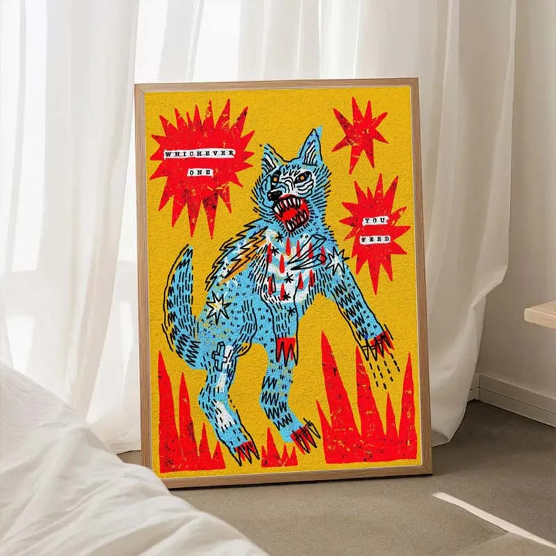 Framed artwork of a blue wolf with red accents on a yellow background, leaning against a white curtain.